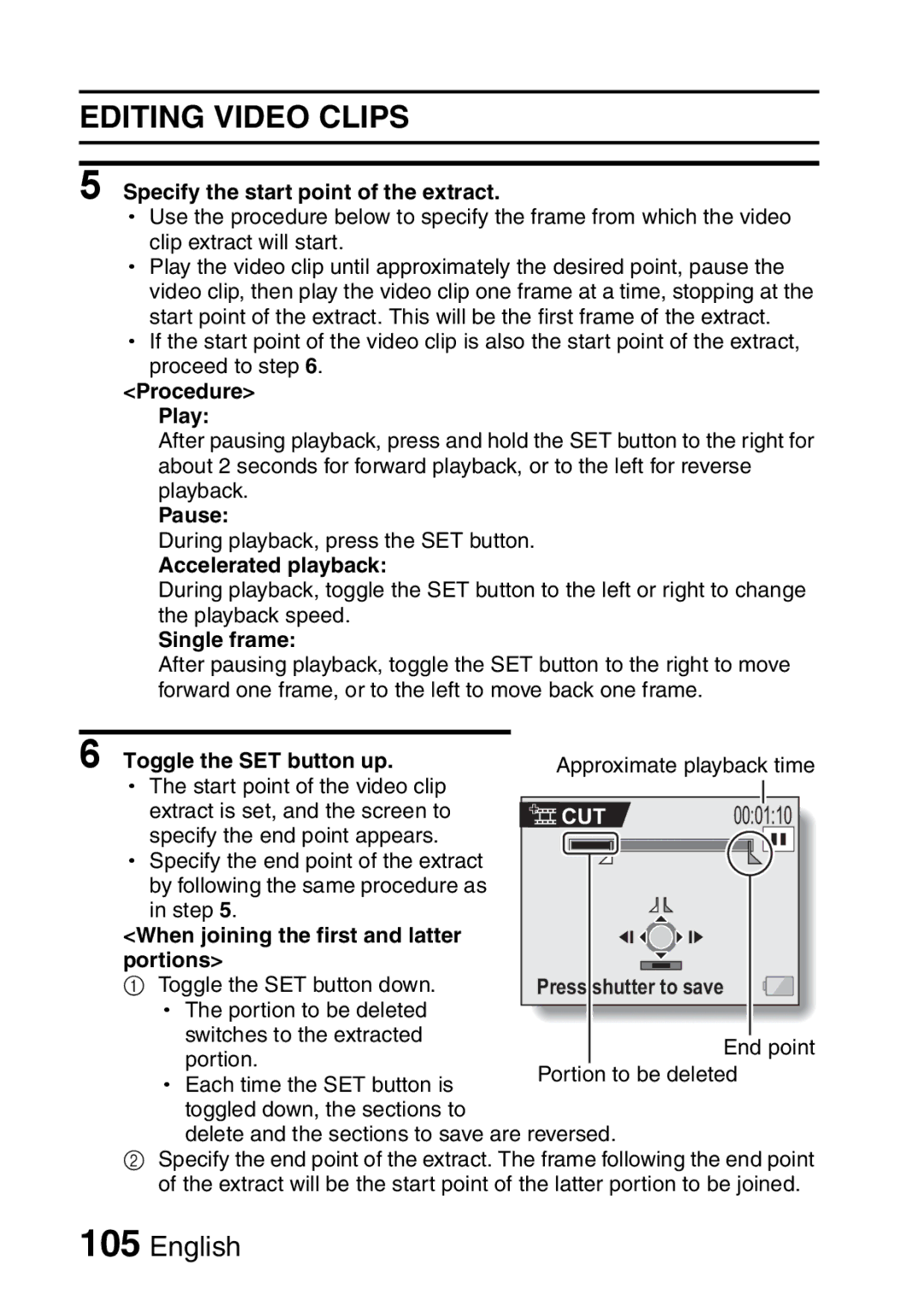 Sanyo VPC-HD1A Specify the start point of the extract, Procedure Play, Pause, Accelerated playback, Single frame 