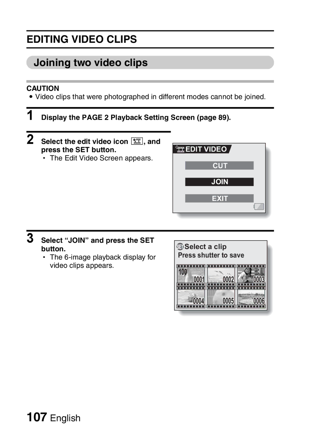 Sanyo VPC-HD1A instruction manual Joining two video clips, Edit Video CUT Join Exit, Select Join and press the SET button 