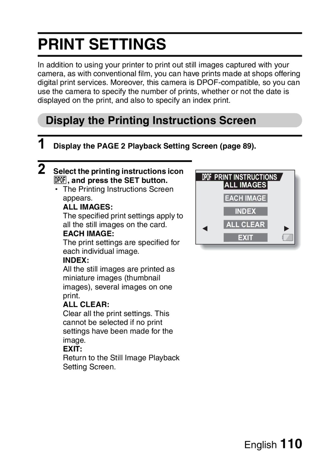 Sanyo VPC-HD1A instruction manual Print Settings, Display the Printing Instructions Screen, Each Image Index ALL Clear Exit 