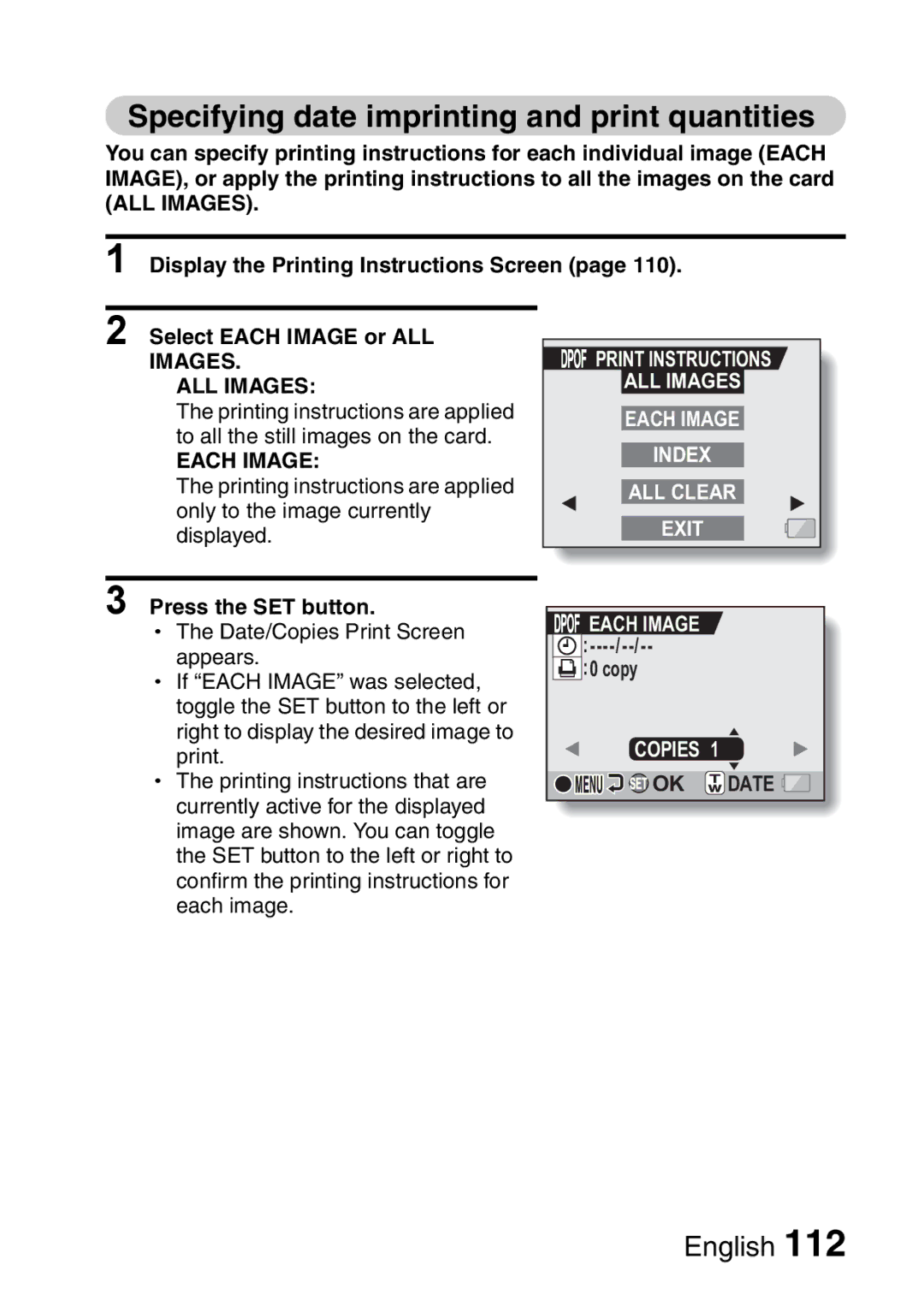 Sanyo VPC-HD1A instruction manual Specifying date imprinting and print quantities, Date/Copies Print Screen appears 