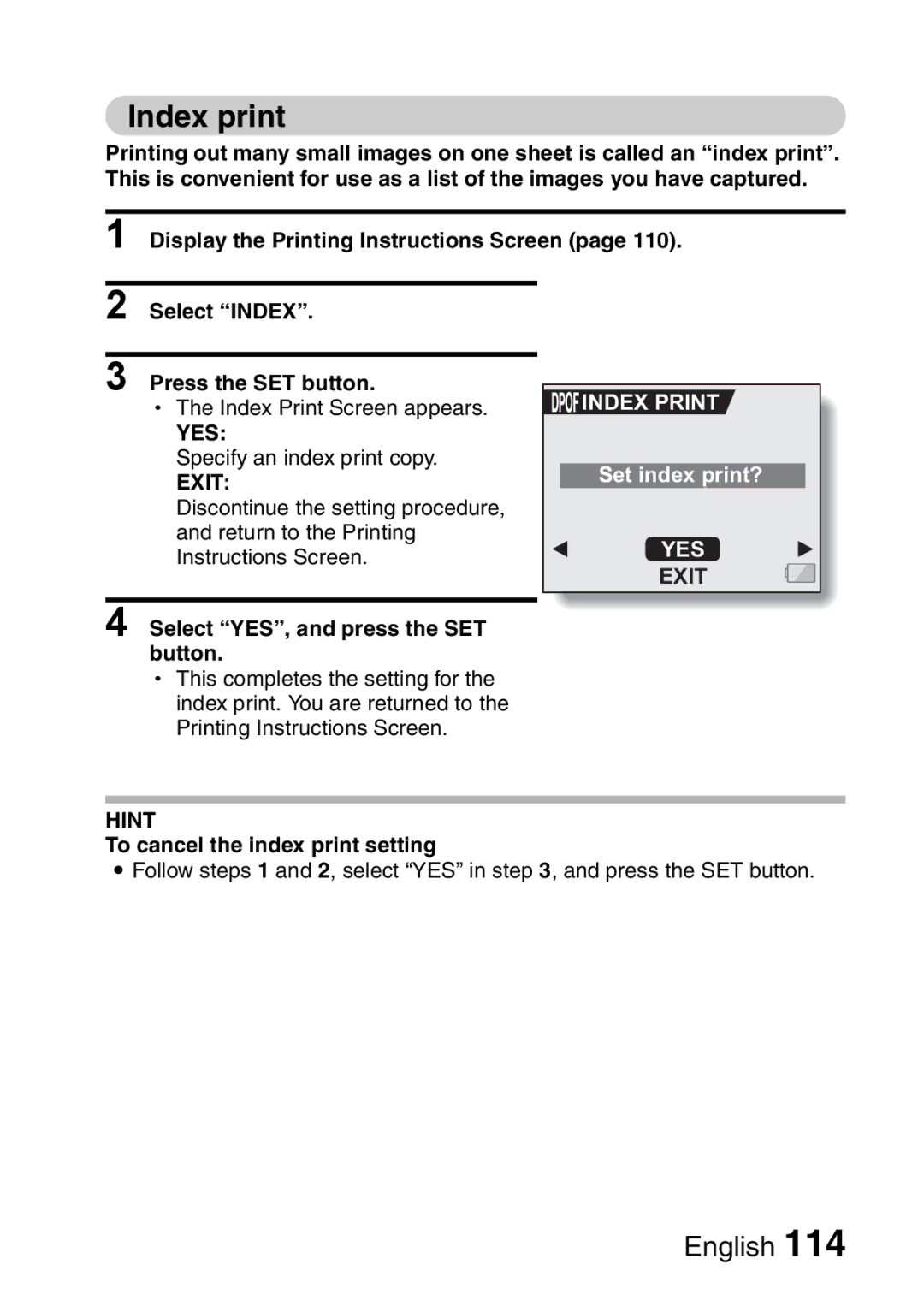 Sanyo VPC-HD1A instruction manual Index print, To cancel the index print setting 