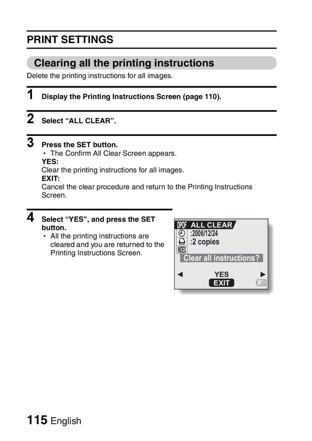 Sanyo VPC-HD1A instruction manual Clearing all the printing instructions, ALL Clear 