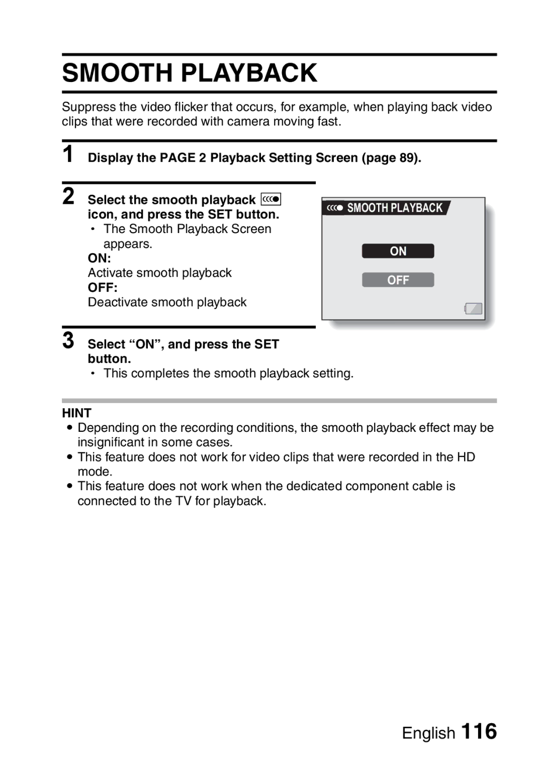 Sanyo VPC-HD1A instruction manual Smooth Playback, Icon, and press the SET button, Select ON, and press the SET button 