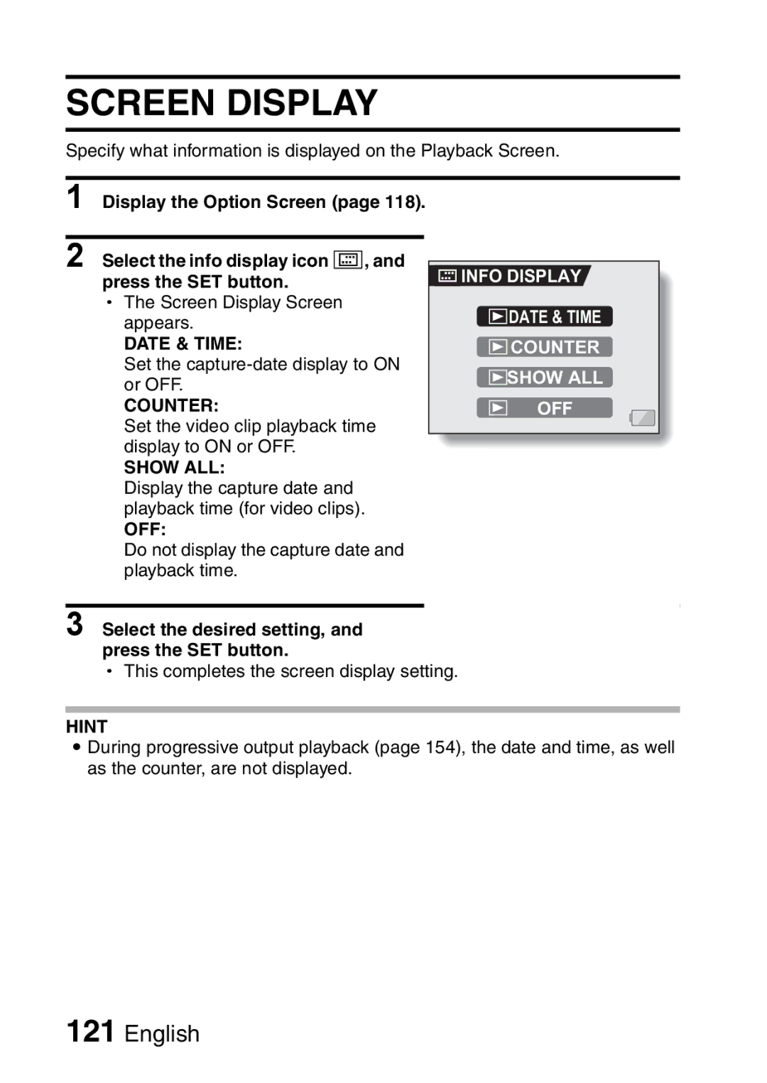 Sanyo VPC-HD1A instruction manual Screen Display, Info Display Date & Time Counter Show ALL OFF 