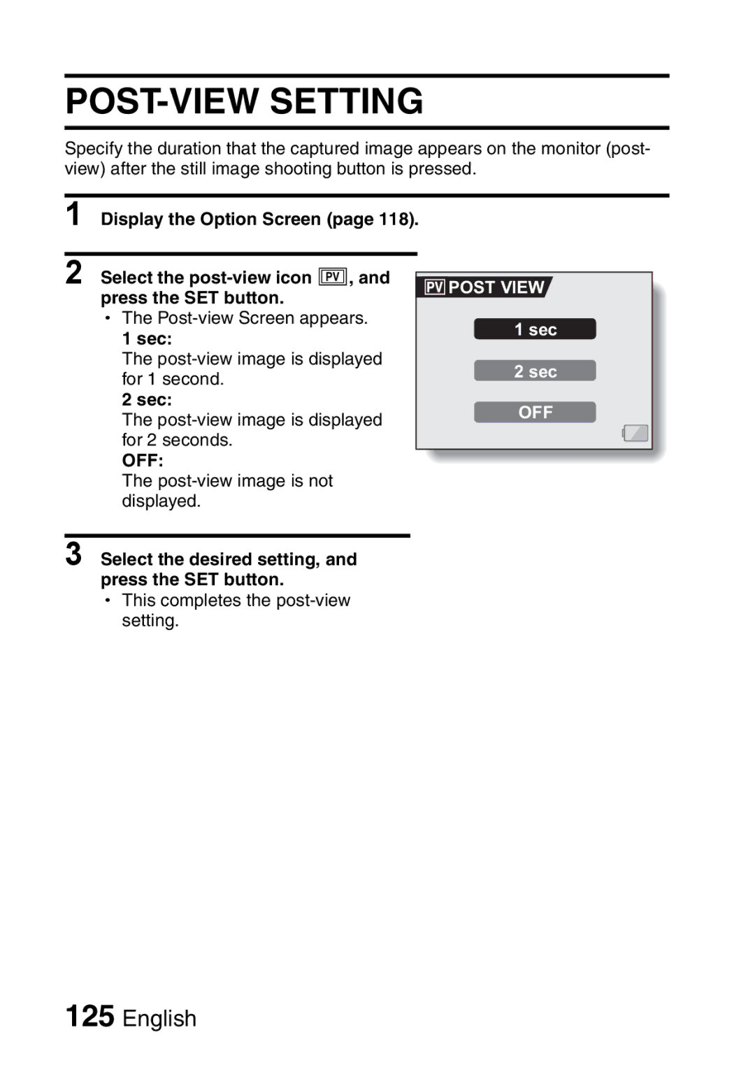 Sanyo VPC-HD1A instruction manual POST-VIEW Setting, Post View, Sec 