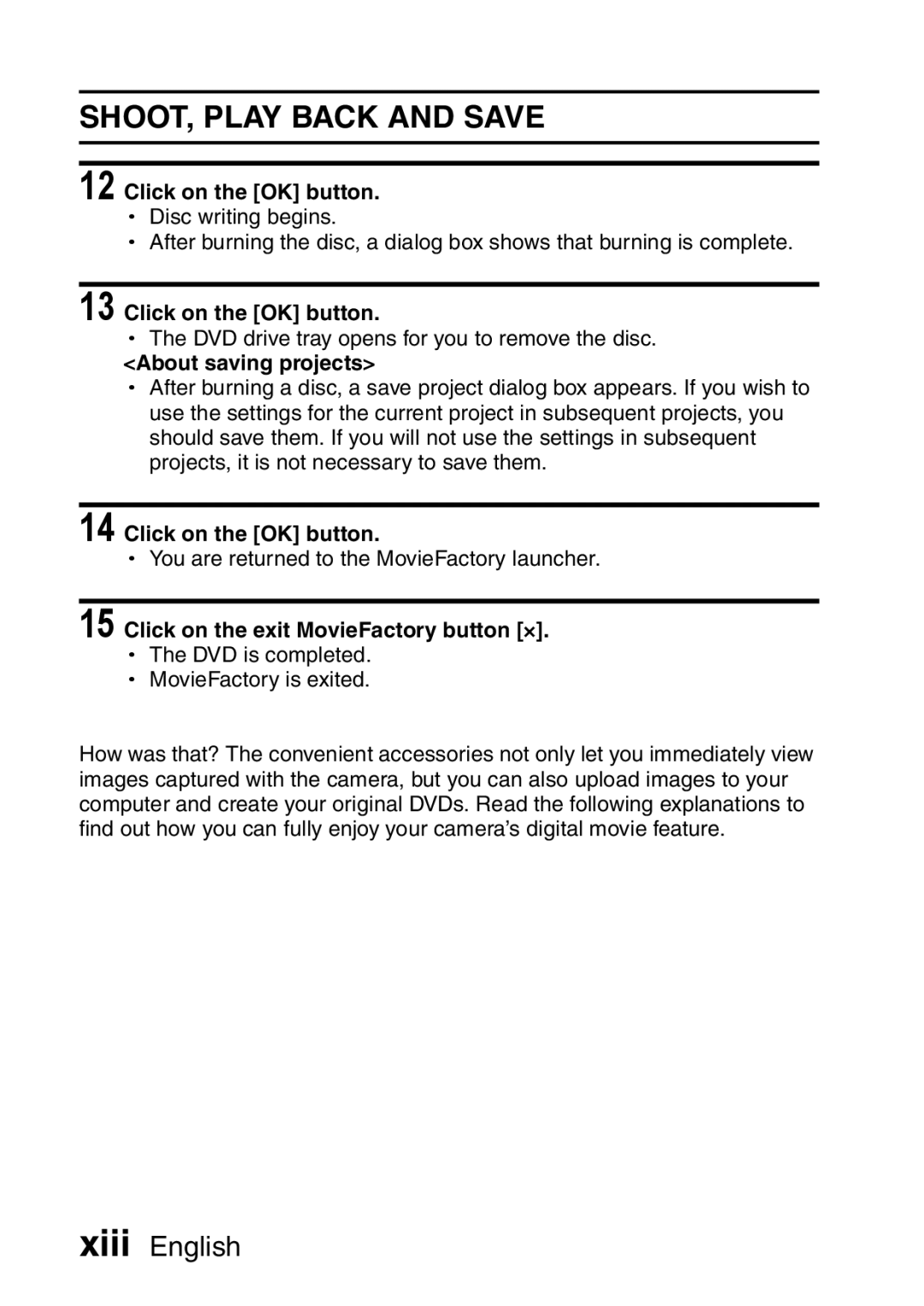 Sanyo VPC-HD1A instruction manual Click on the OK button, About saving projects, Click on the exit MovieFactory button × 