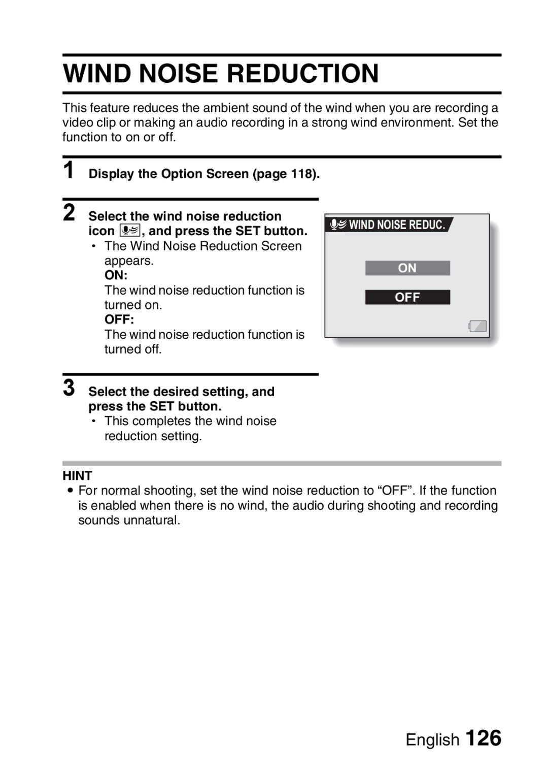 Sanyo VPC-HD1A instruction manual Wind Noise Reduction 