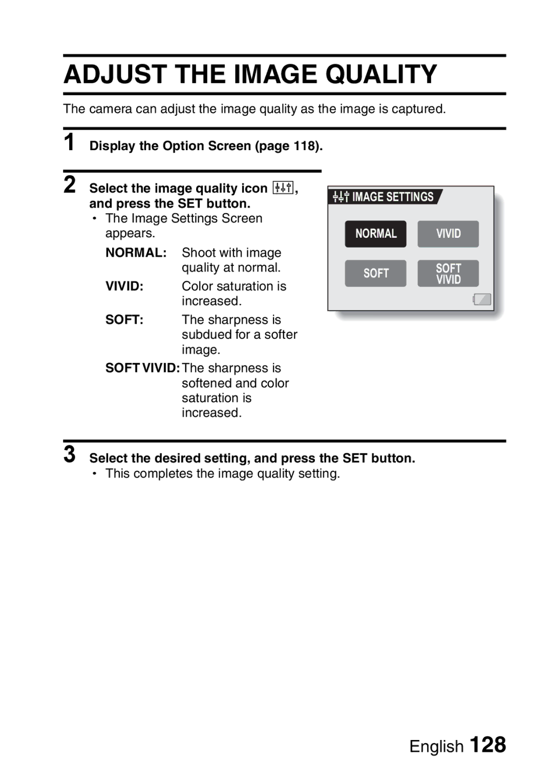 Sanyo VPC-HD1A instruction manual Adjust the Image Quality, Image Settings Normal Vivid 