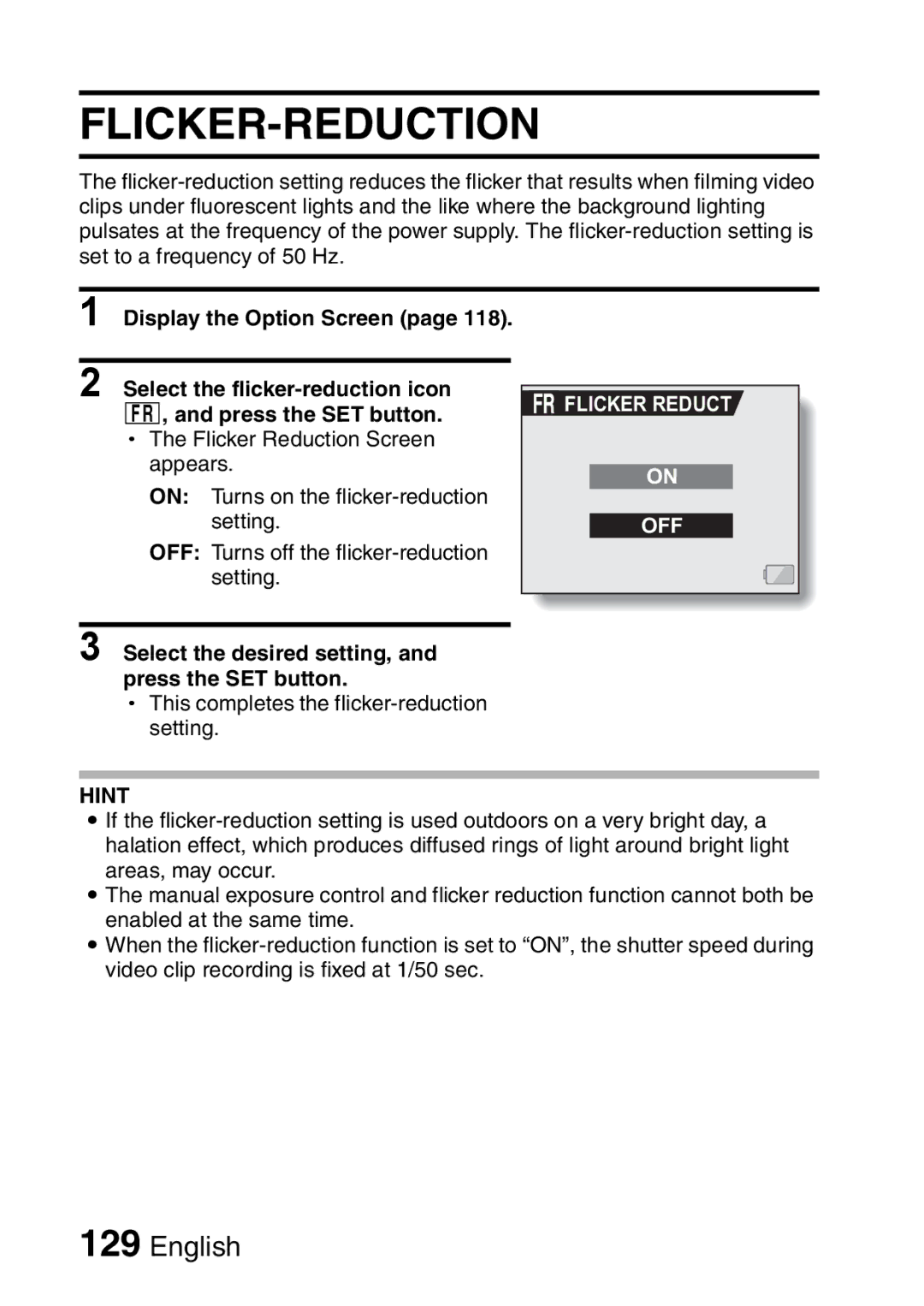 Sanyo VPC-HD1A instruction manual Flicker-Reduction 