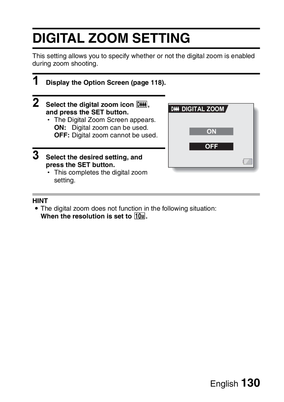 Sanyo VPC-HD1A instruction manual Digital Zoom Setting, Digital Zoom OFF 