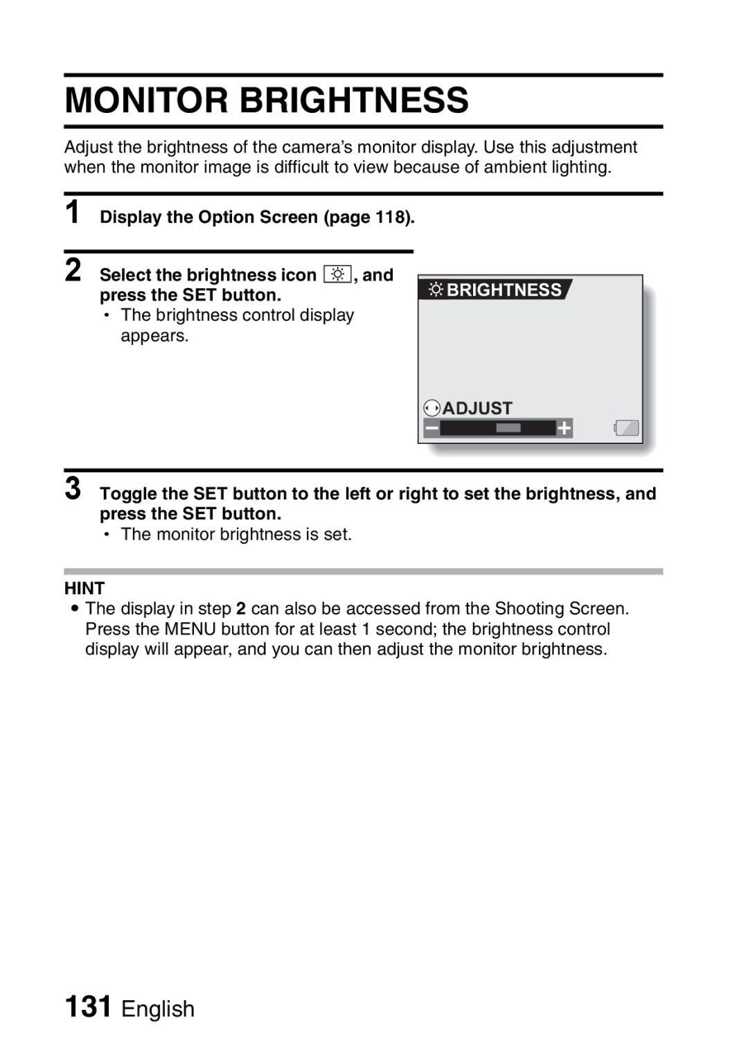 Sanyo VPC-HD1A instruction manual Monitor Brightness 