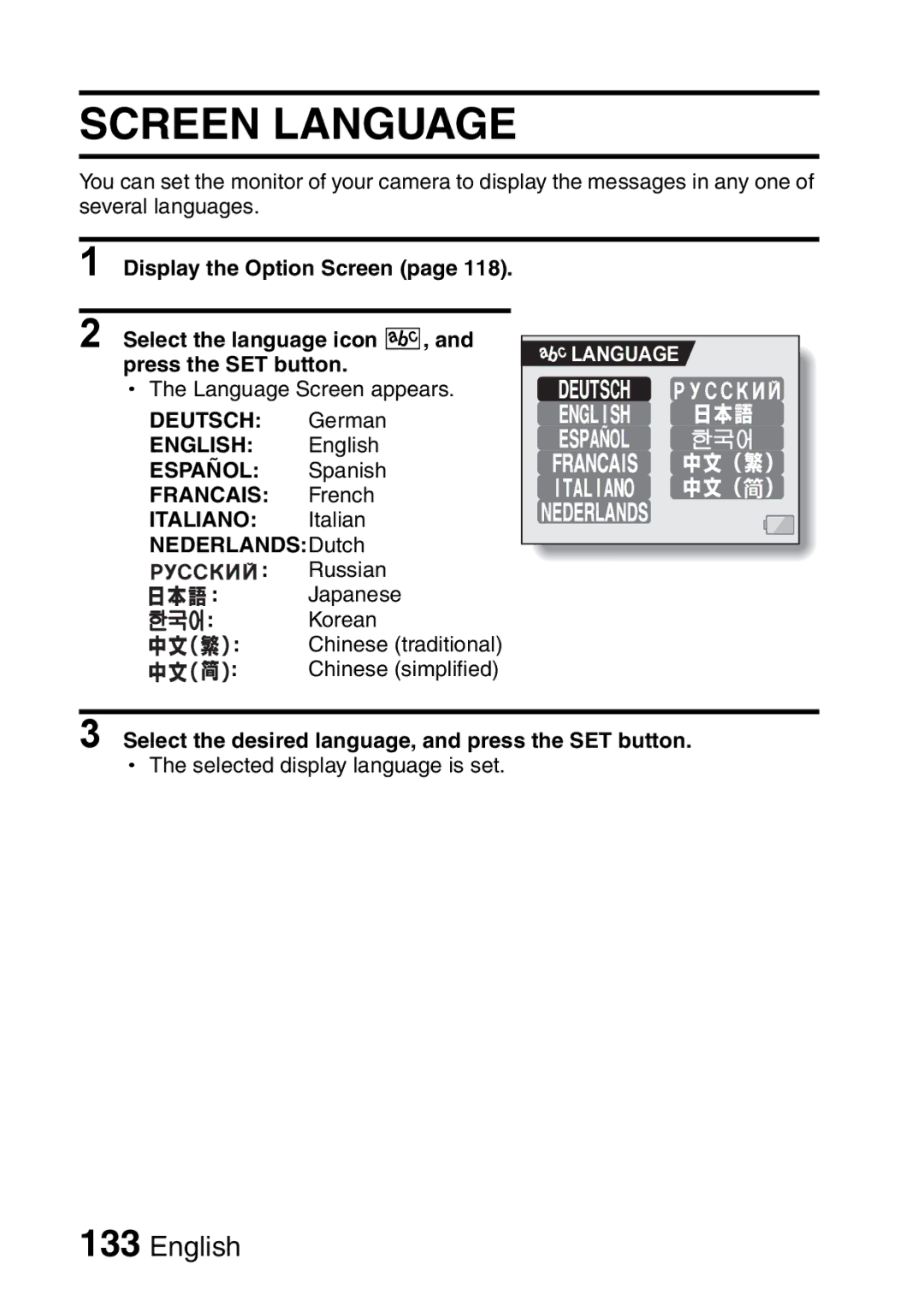 Sanyo VPC-HD1A instruction manual Screen Language, Select the desired language, and press the SET button 