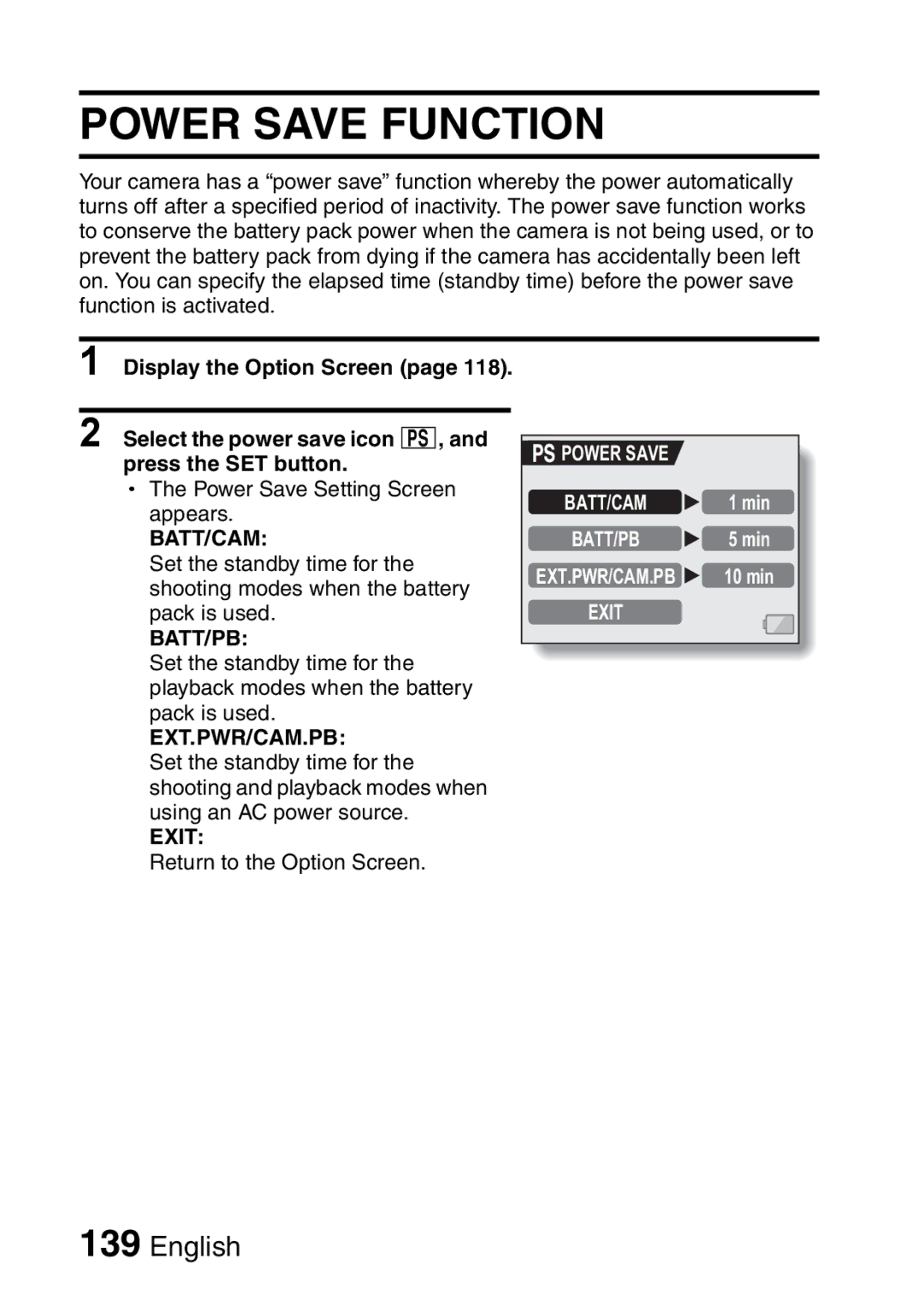 Sanyo VPC-HD1A instruction manual Power Save Function, Power Save BATT/CAM 