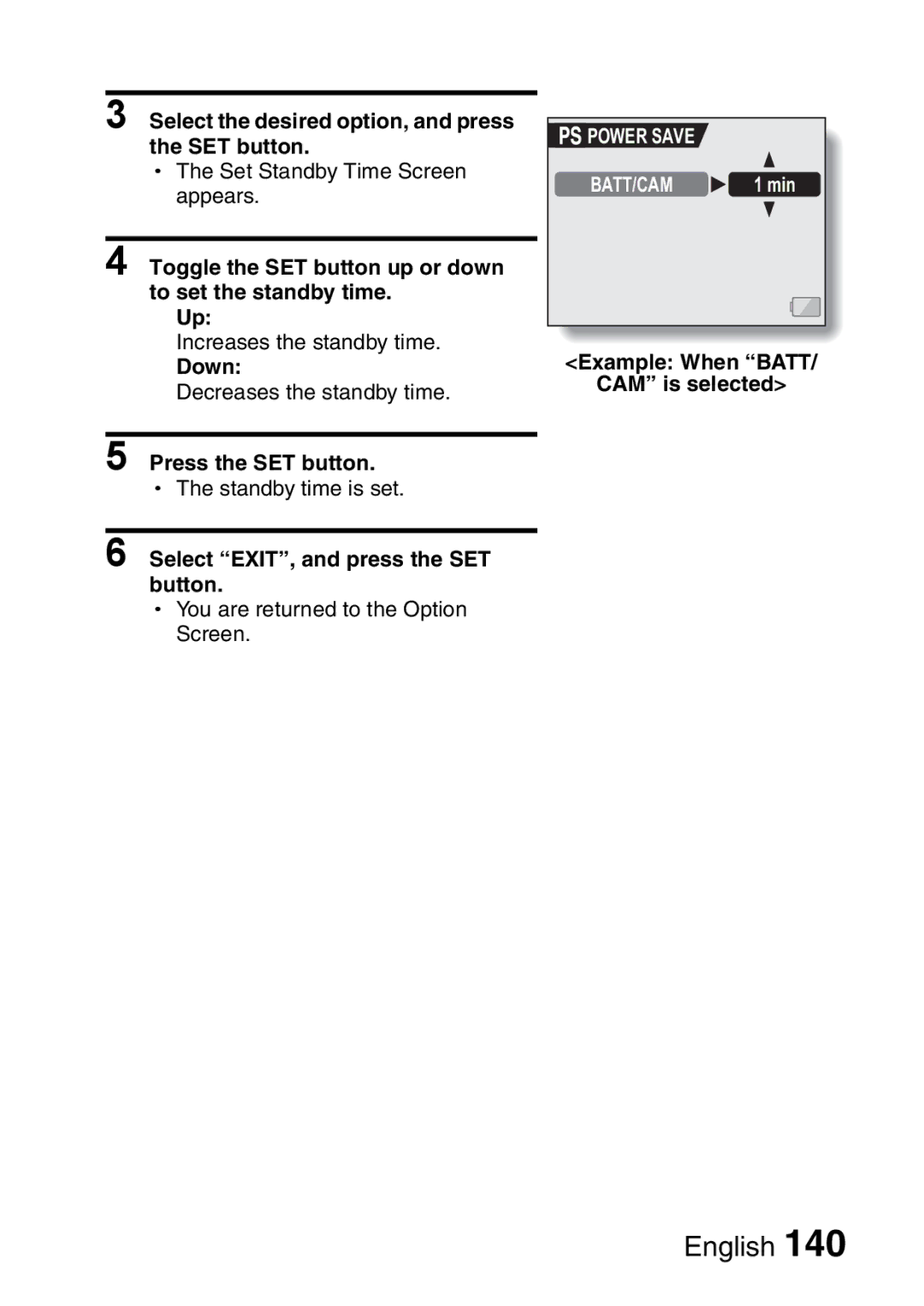 Sanyo VPC-HD1A Toggle the SET button up or down to set the standby time, Down, Example When Batt CAM is selected 