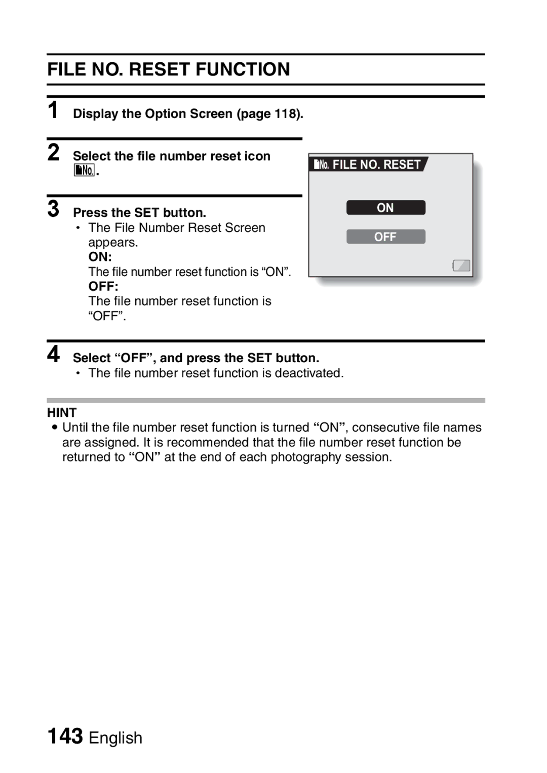 Sanyo VPC-HD1A File NO. Reset Function, Select the file number reset icon, Select OFF, and press the SET button 