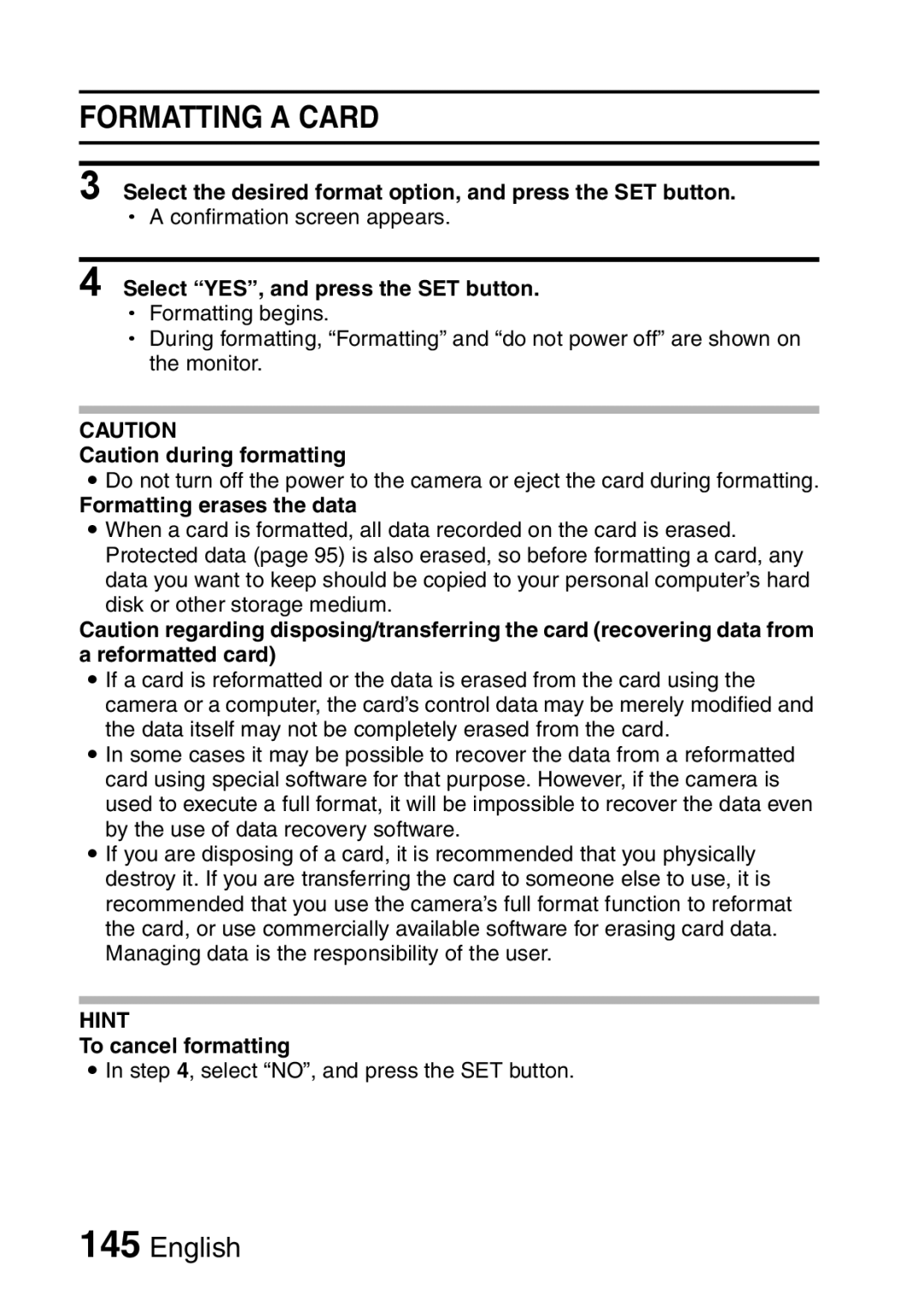 Sanyo VPC-HD1A Formatting a Card, Select the desired format option, and press the SET button, Formatting erases the data 