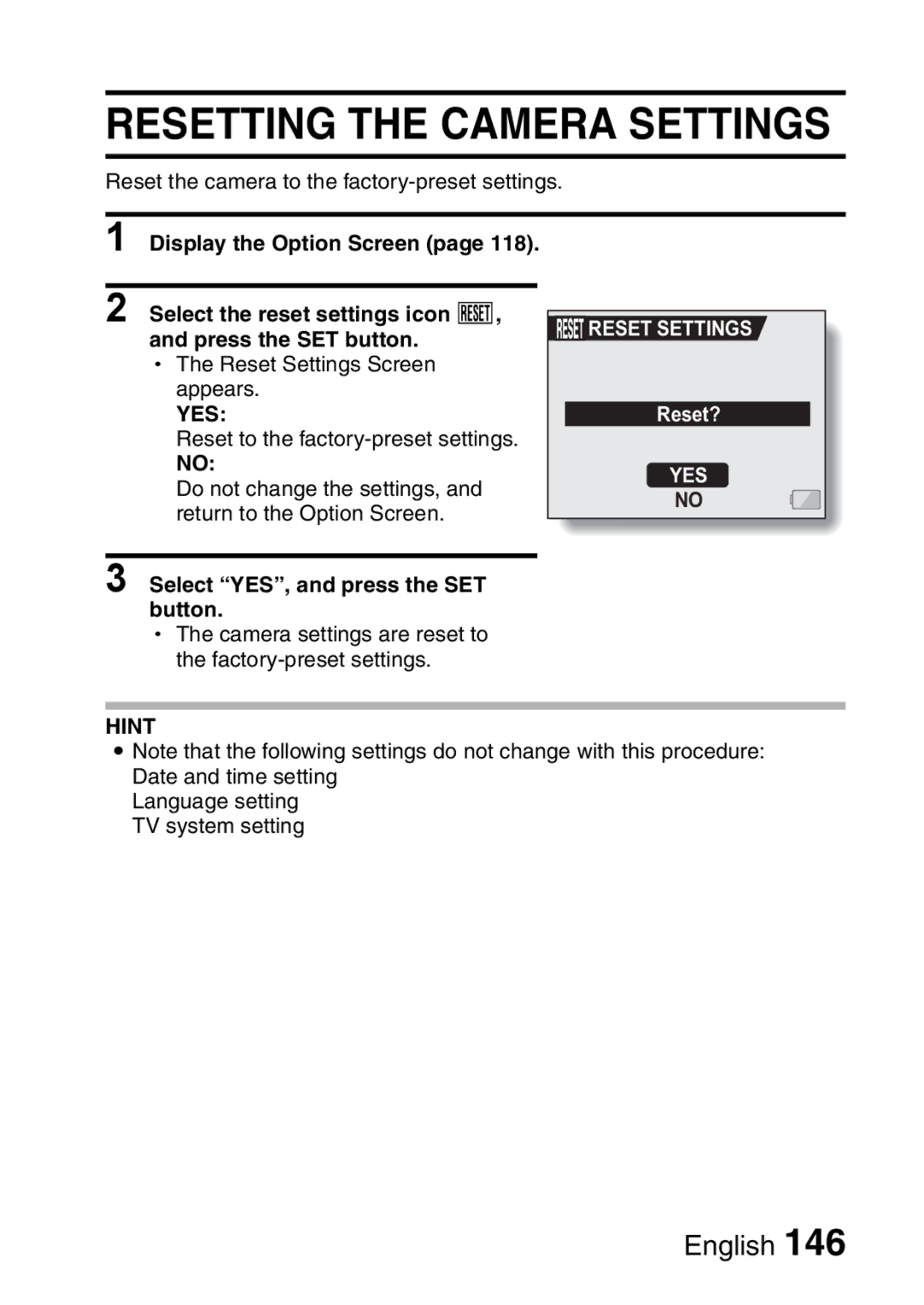 Sanyo VPC-HD1A instruction manual Resetting the Camera Settings, Reset Settings 