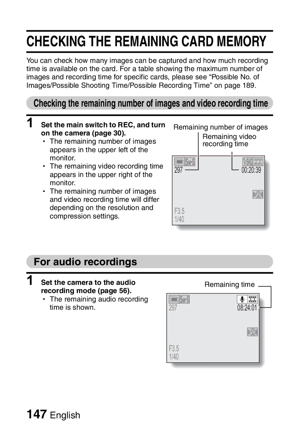 Sanyo VPC-HD1A instruction manual For audio recordings, Set the main switch to REC, and turn on the camera 