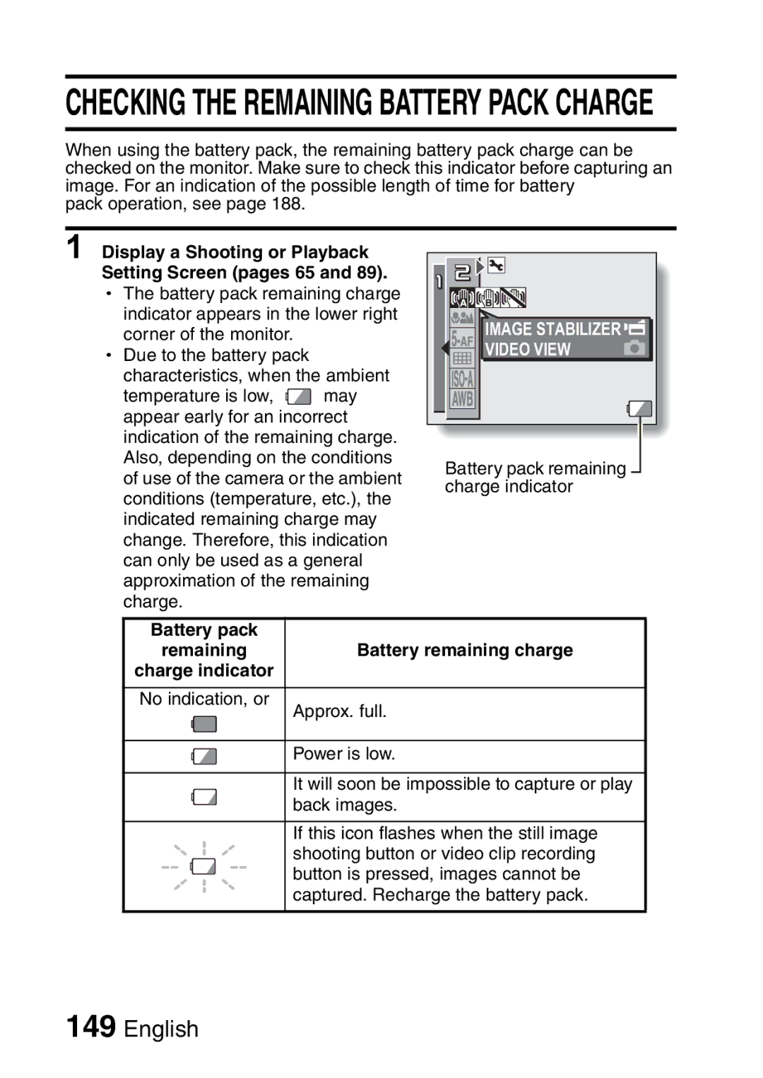 Sanyo VPC-HD1A instruction manual Checking the Remaining Battery Pack Charge, Battery pack 