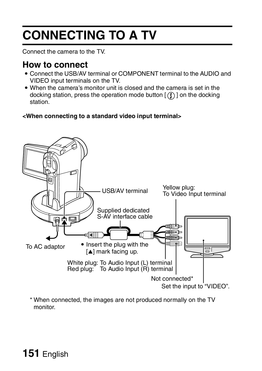 Sanyo VPC-HD1A instruction manual Connecting to a TV, How to connect, When connecting to a standard video input terminal 