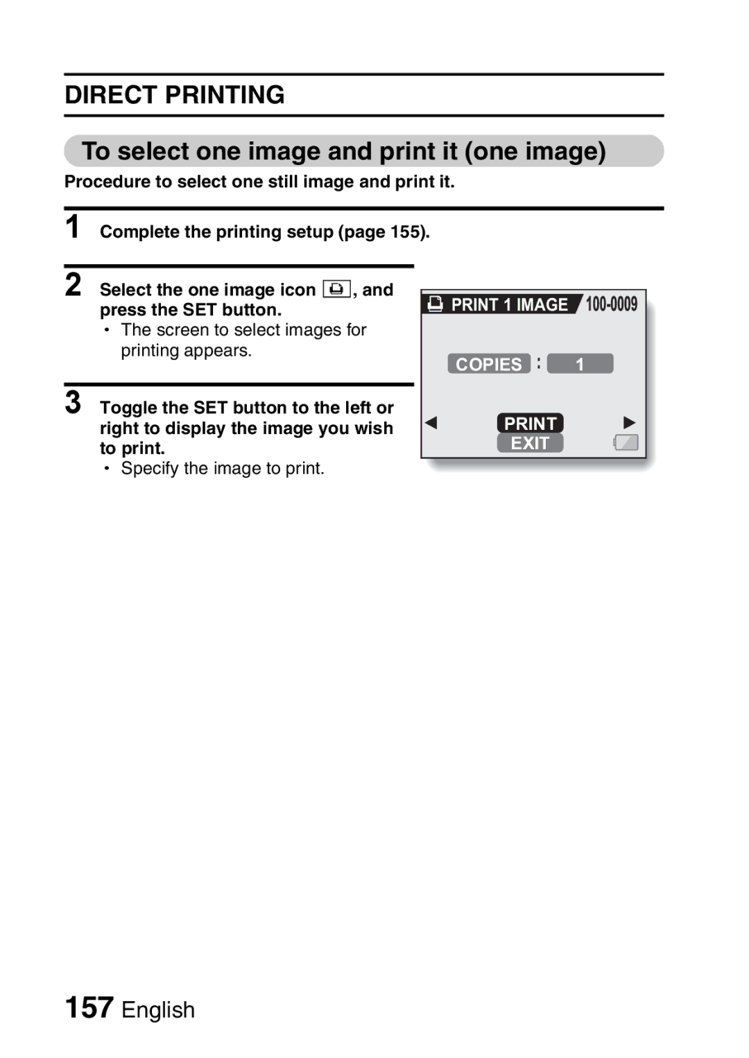 Sanyo VPC-HD1A instruction manual Direct Printing, To select one image and print it one image, Print 1 Image Copies Exit 