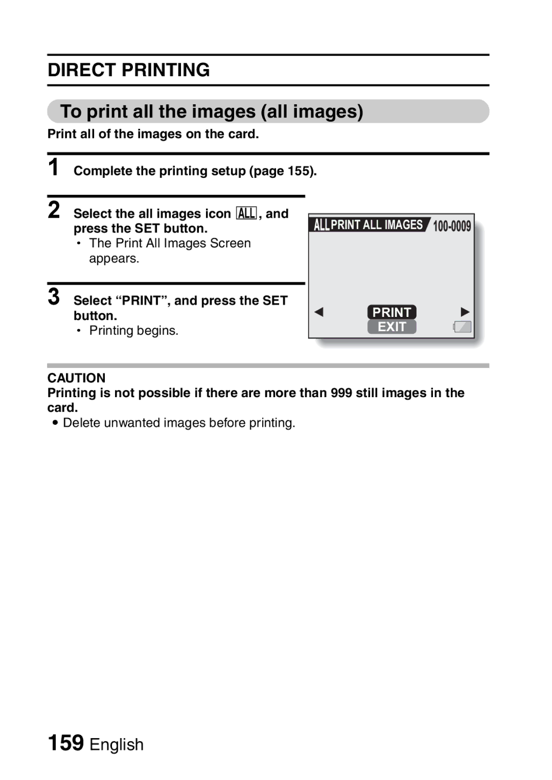 Sanyo VPC-HD1A To print all the images all images, Select PRINT, and press the SET button, Print ALL Images Exit 