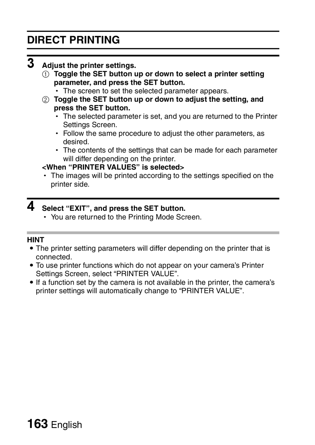 Sanyo VPC-HD1A instruction manual When Printer Values is selected, Select EXIT, and press the SET button 