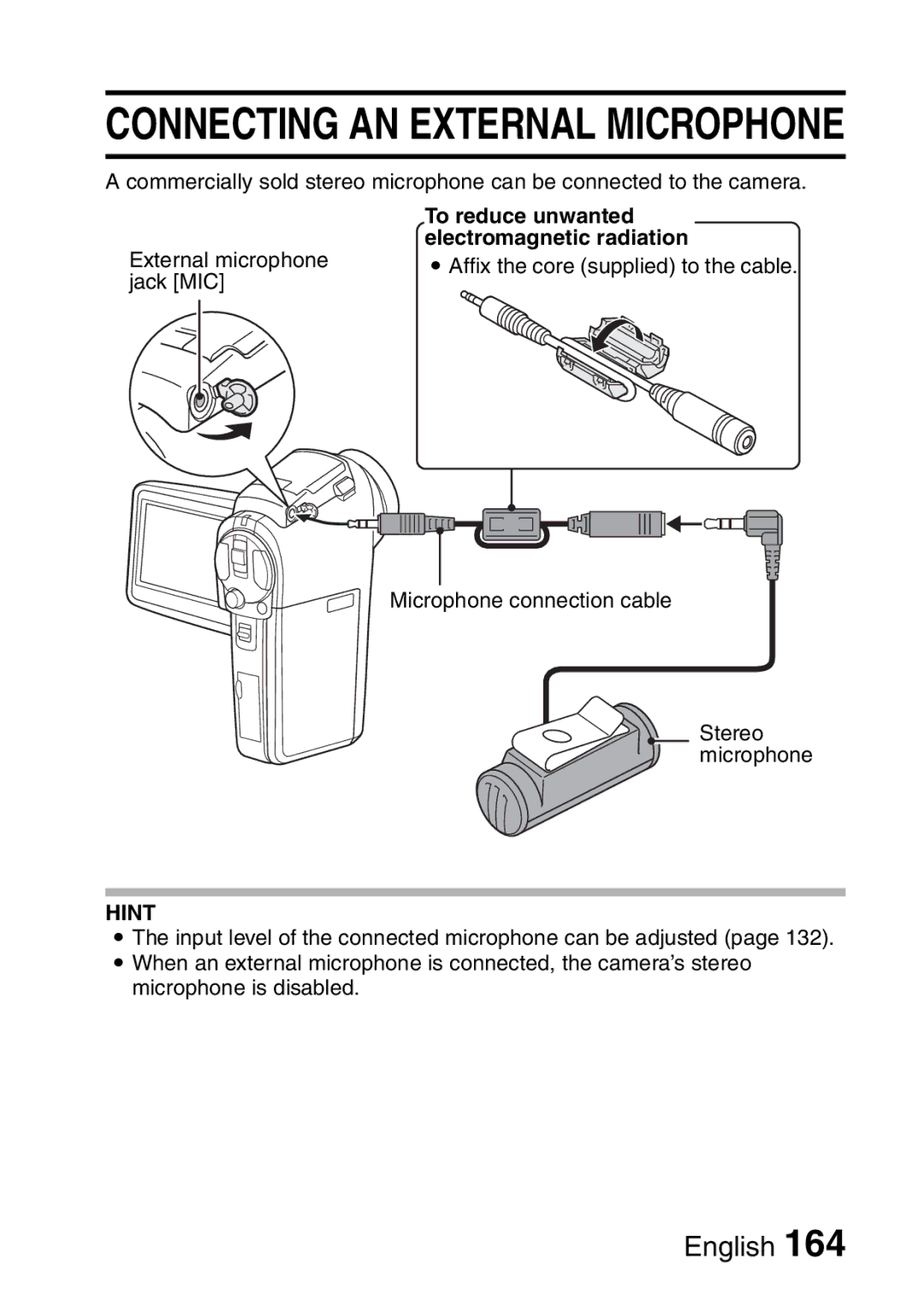 Sanyo VPC-HD1A instruction manual Connecting AN External Microphone, To reduce unwanted electromagnetic radiation 