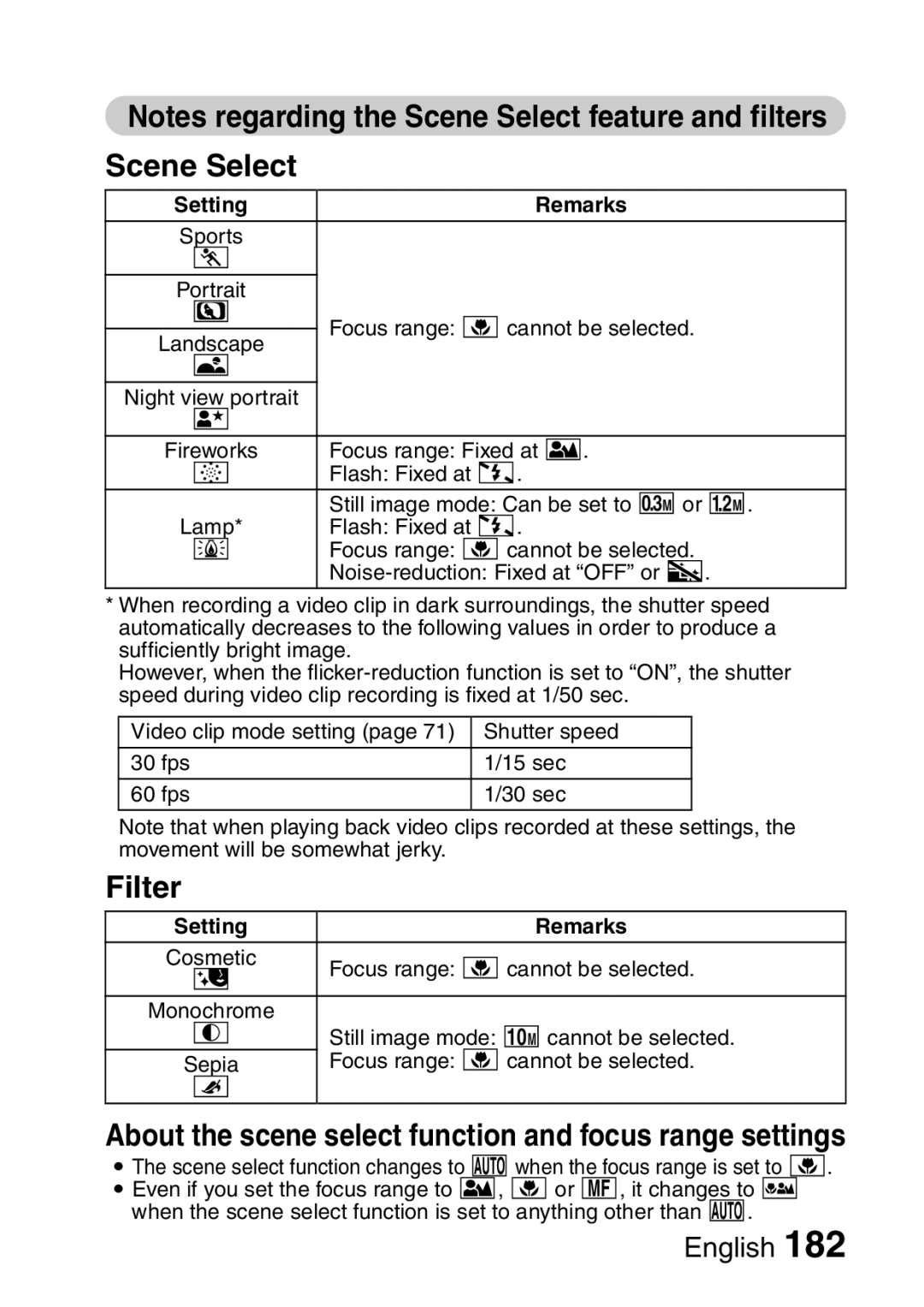 Sanyo VPC-HD1A instruction manual Scene Select, Filter, Setting Remarks 