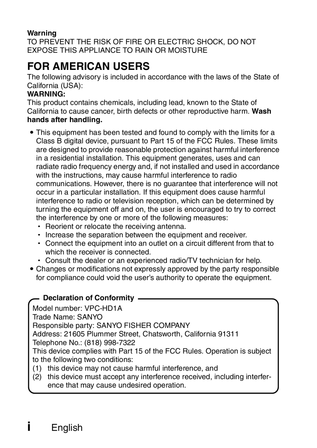 Sanyo VPC-HD1A instruction manual For American Users, Declaration of Conformity 