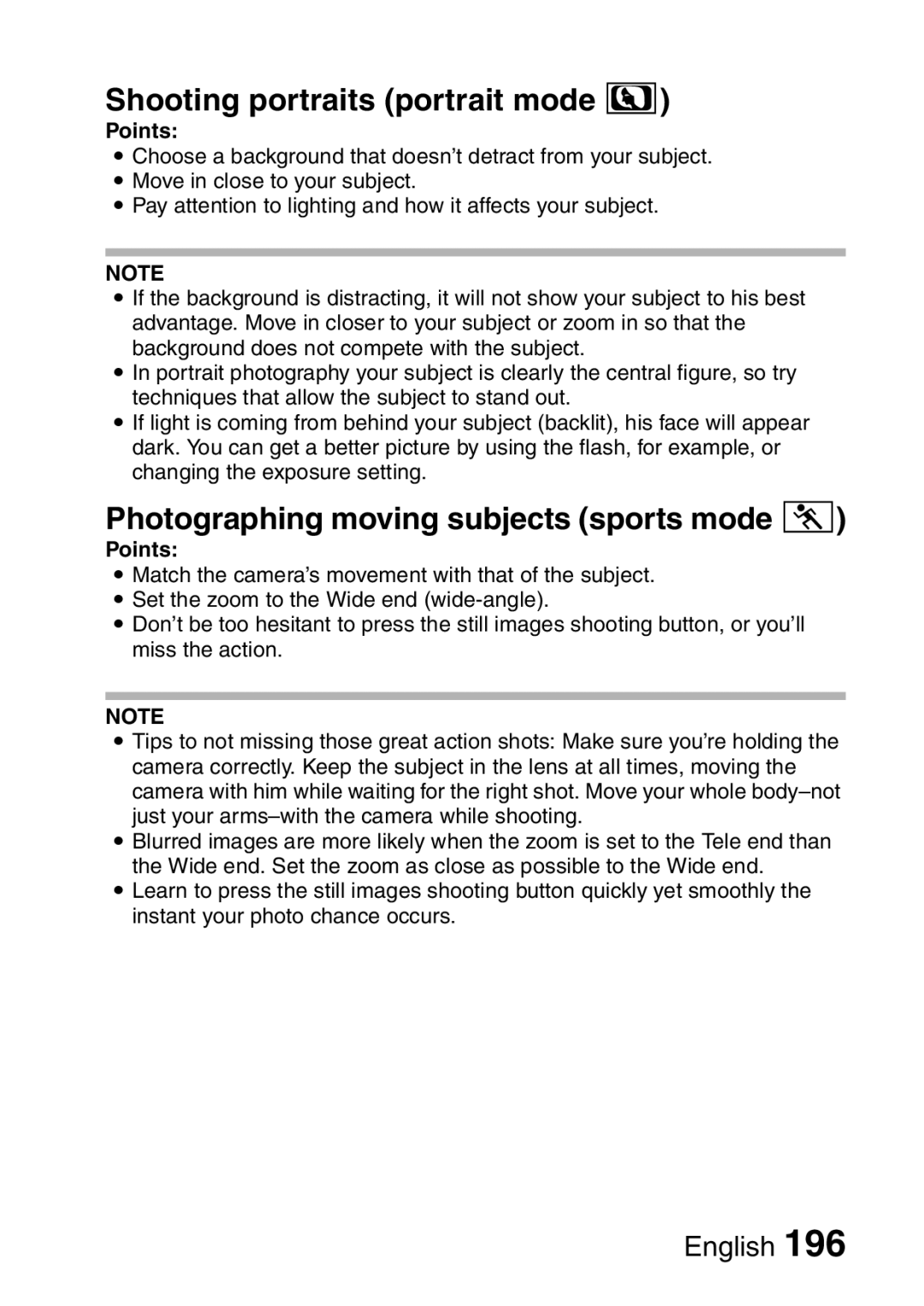 Sanyo VPC-HD1A instruction manual Shooting portraits portrait mode, Photographing moving subjects sports mode a, Points 