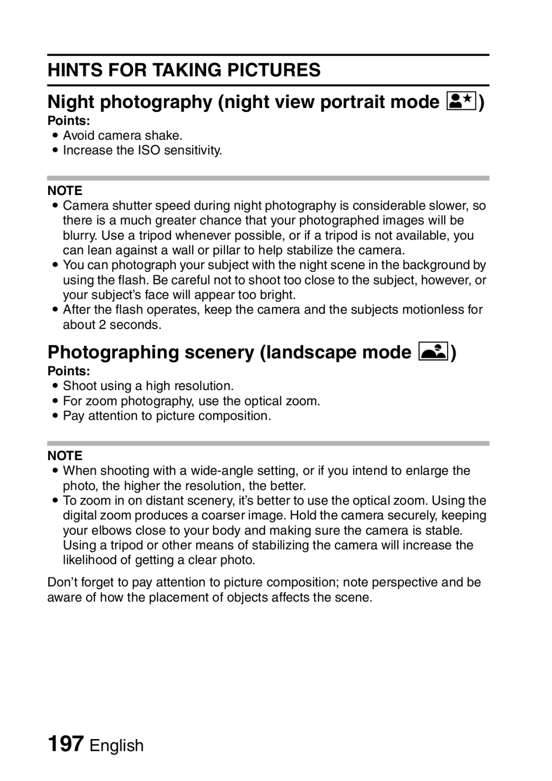 Sanyo VPC-HD1A instruction manual Night photography night view portrait mode, Photographing scenery landscape mode + 