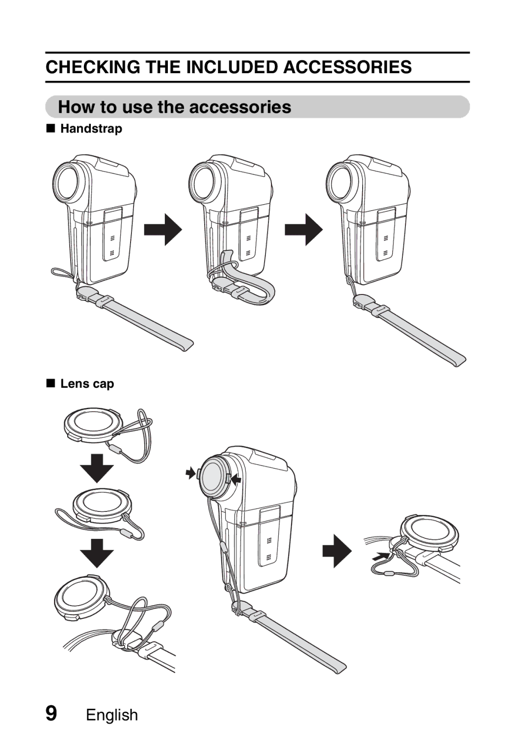 Sanyo VPC-HD1A instruction manual Checking the Included Accessories, How to use the accessories, Handstrap Lens cap 