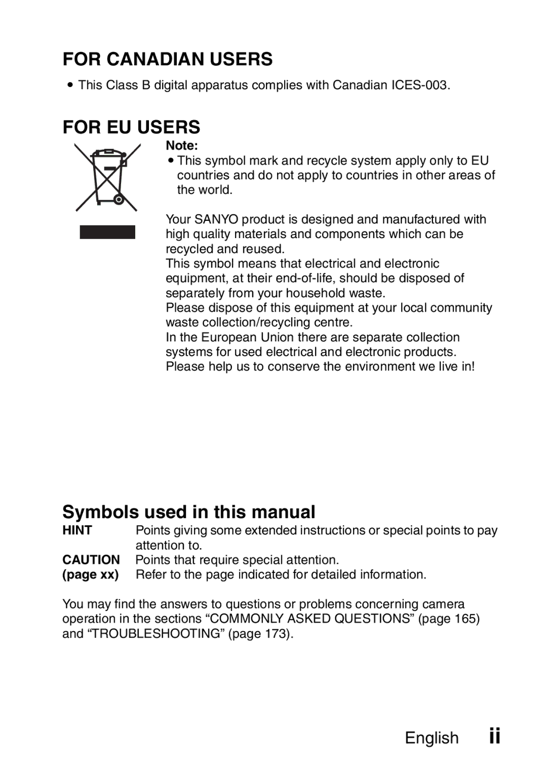 Sanyo VPC-HD1A For Canadian Users, For EU Users, Symbols used in this manual, Points that require special attention 