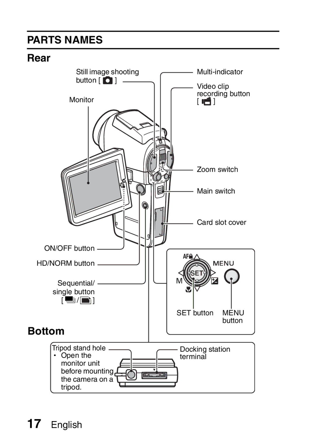 Sanyo VPC-HD1A instruction manual Parts Names, Rear, Bottom 