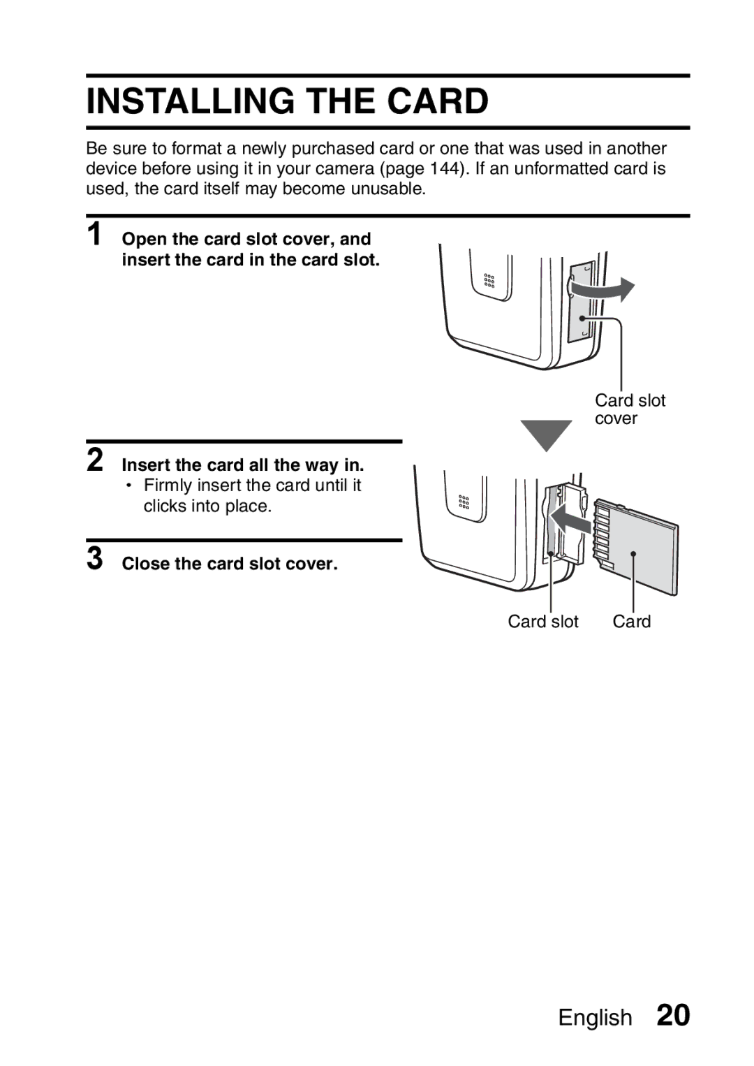 Sanyo VPC-HD1A instruction manual Installing the Card, Insert the card all the way, Close the card slot cover 