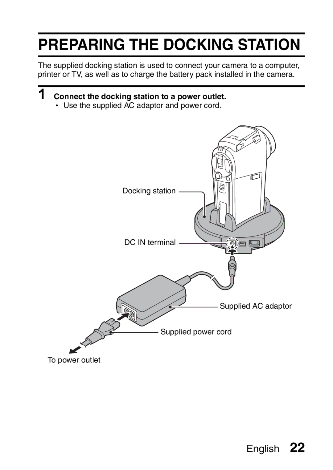 Sanyo VPC-HD1A instruction manual Preparing the Docking Station, Connect the docking station to a power outlet 