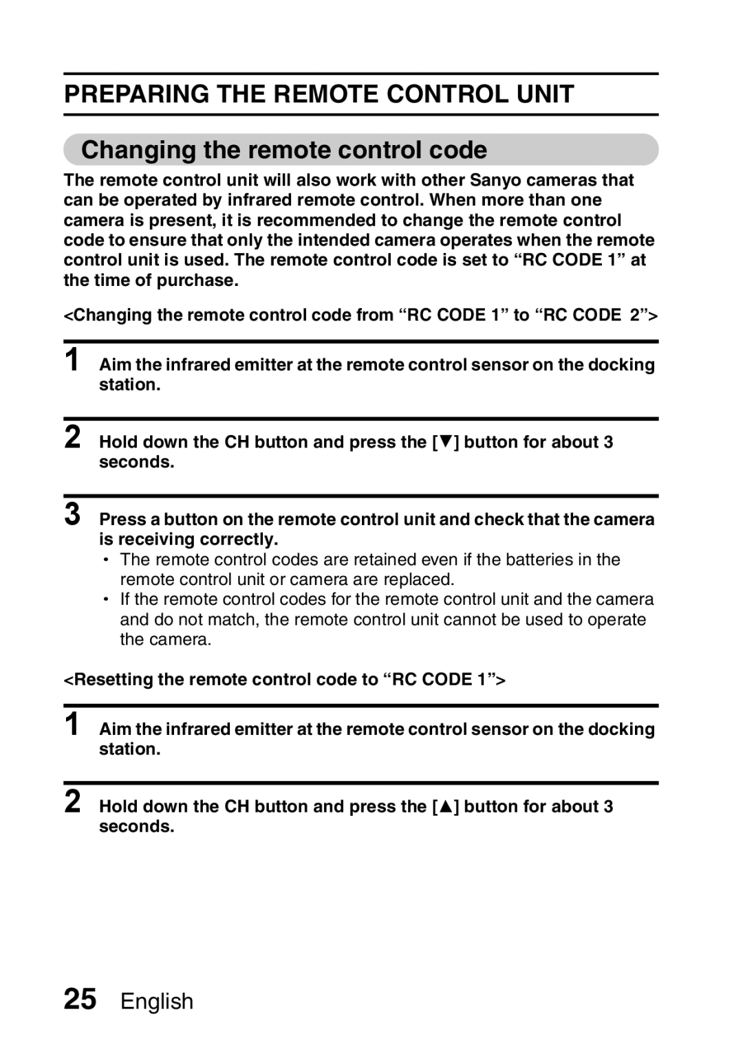 Sanyo VPC-HD1A instruction manual Preparing the Remote Control Unit, Changing the remote control code 