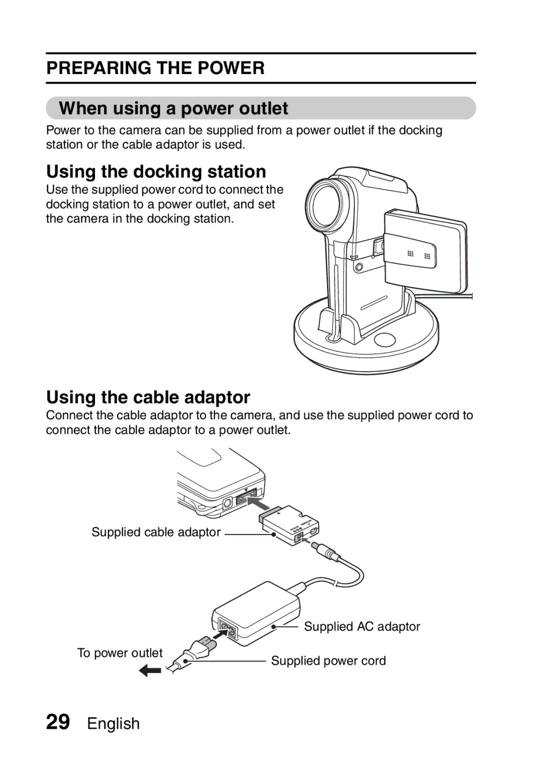 Sanyo VPC-HD1A instruction manual When using a power outlet, Using the docking station, Using the cable adaptor 