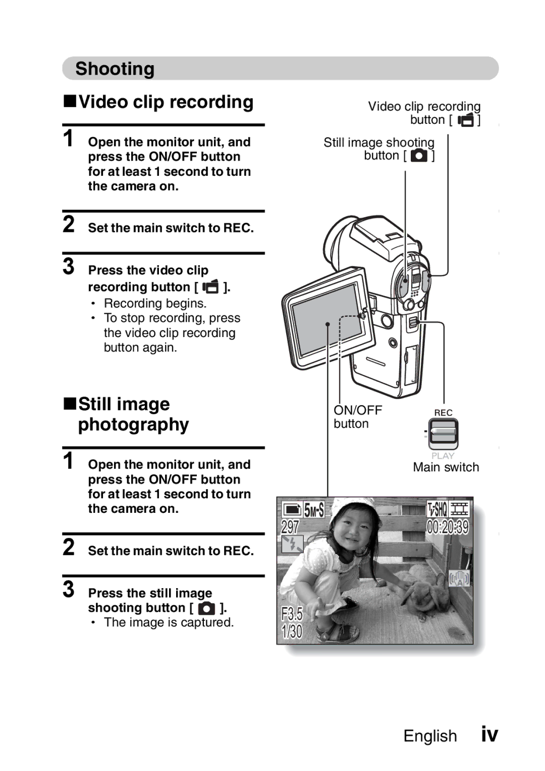 Sanyo VPC-HD1A instruction manual Shooting KVideo clip recording, KStill image photography 