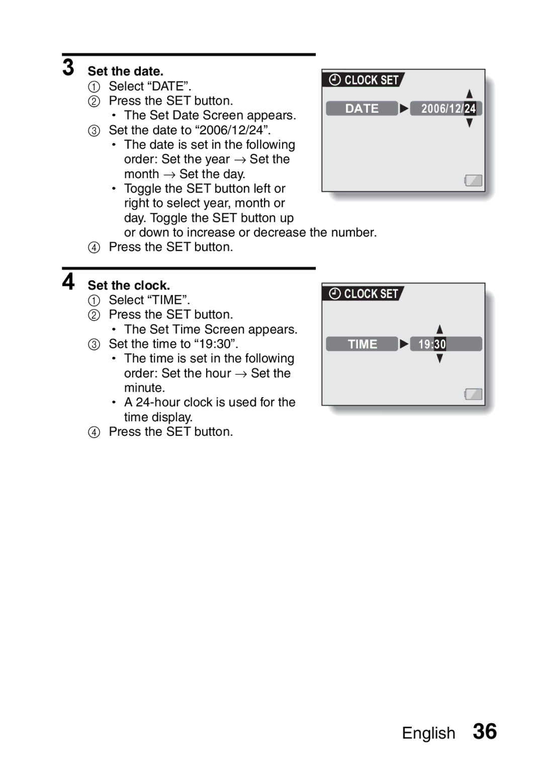 Sanyo VPC-HD1A instruction manual Set the date, Set the clock, Clock SET 