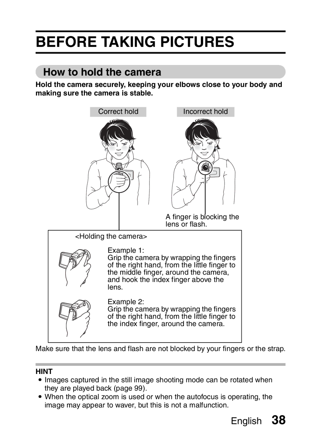 Sanyo VPC-HD1A instruction manual Before Taking Pictures, How to hold the camera 