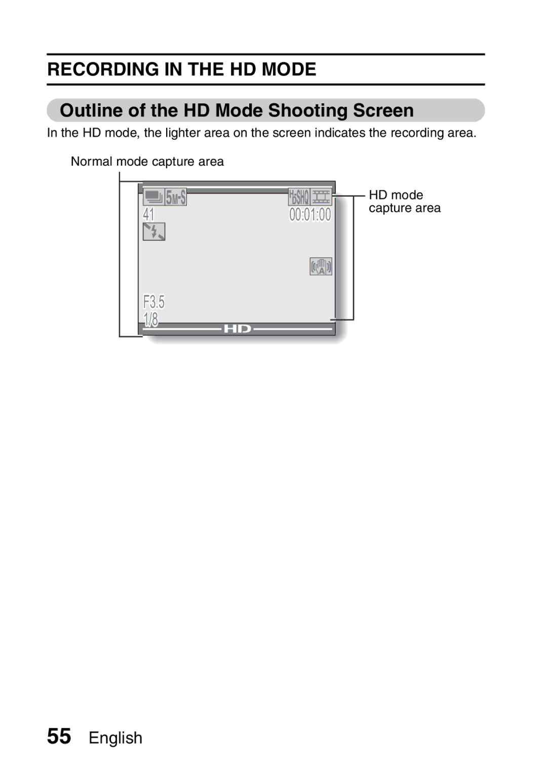 Sanyo VPC-HD1A instruction manual Recording in the HD Mode, Outline of the HD Mode Shooting Screen 