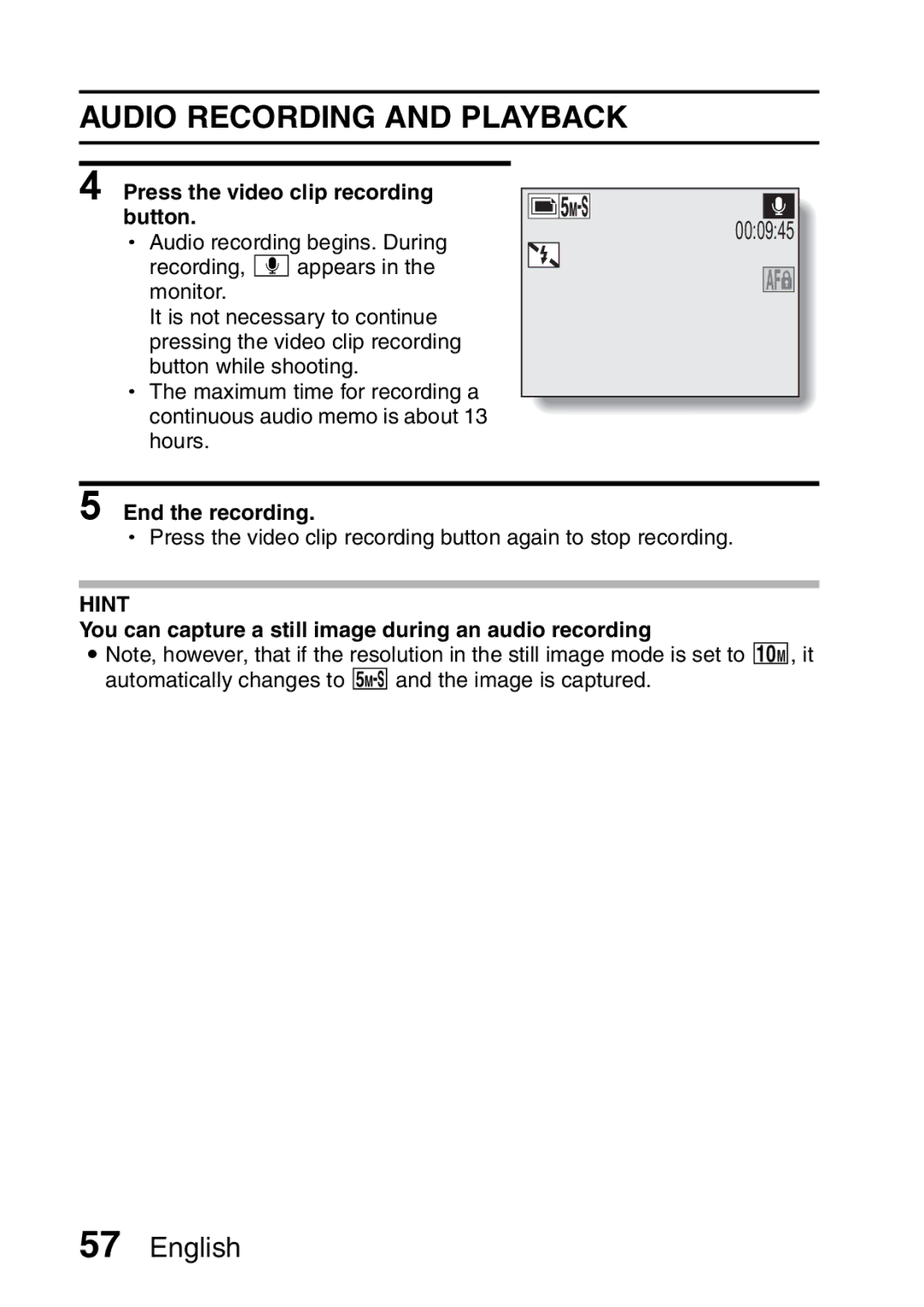 Sanyo VPC-HD1A instruction manual Audio Recording and Playback, You can capture a still image during an audio recording 