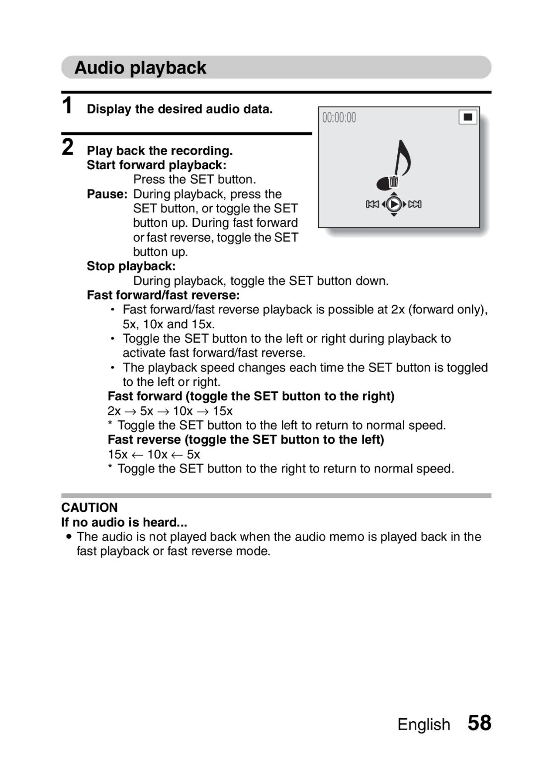 Sanyo VPC-HD1A Audio playback, Stop playback, Fast forward/fast reverse, Fast forward toggle the SET button to the right 