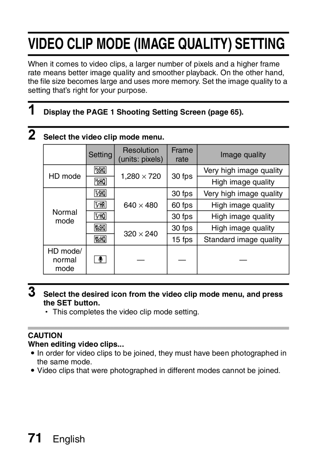 Sanyo VPC-HD1A instruction manual Video Clip Mode Image Quality Setting, When editing video clips 