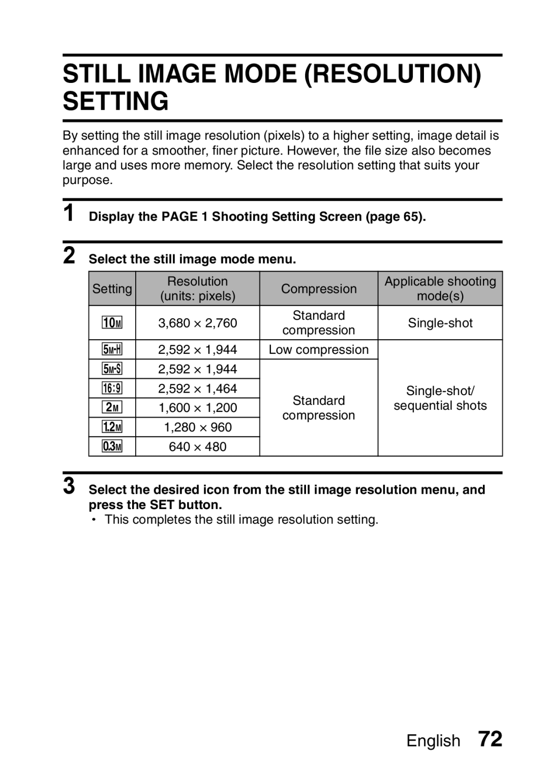 Sanyo VPC-HD1A instruction manual Still Image Mode Resolution Setting 