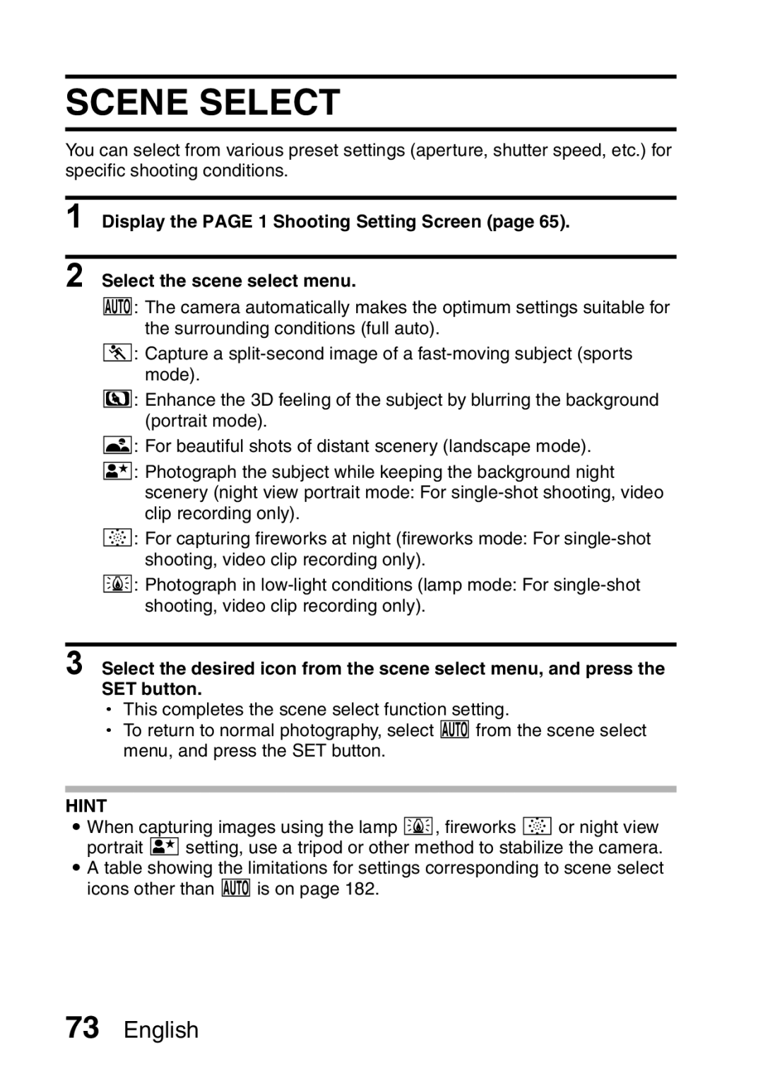 Sanyo VPC-HD1A instruction manual Scene Select 