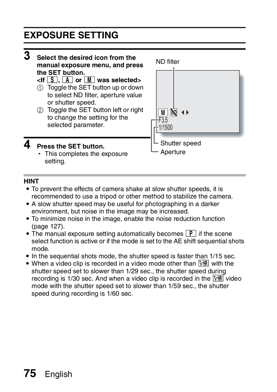 Sanyo VPC-HD1A instruction manual Exposure Setting, Press the SET button 