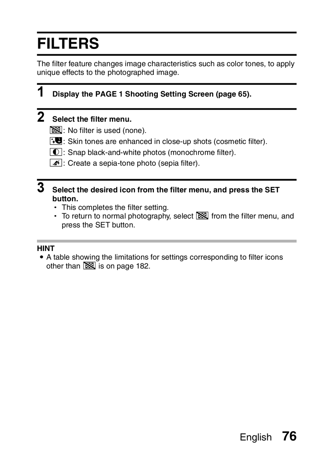 Sanyo VPC-HD1A instruction manual Filters 